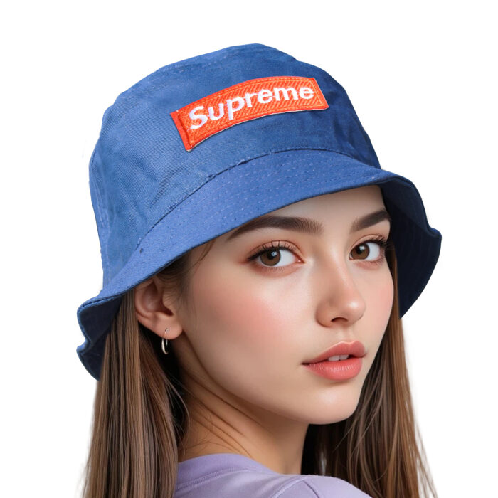 Bisonberg Supreme Blue Canvas Bucket Hat Bold Streetwear Vibes with Iconic Branding - Image 1