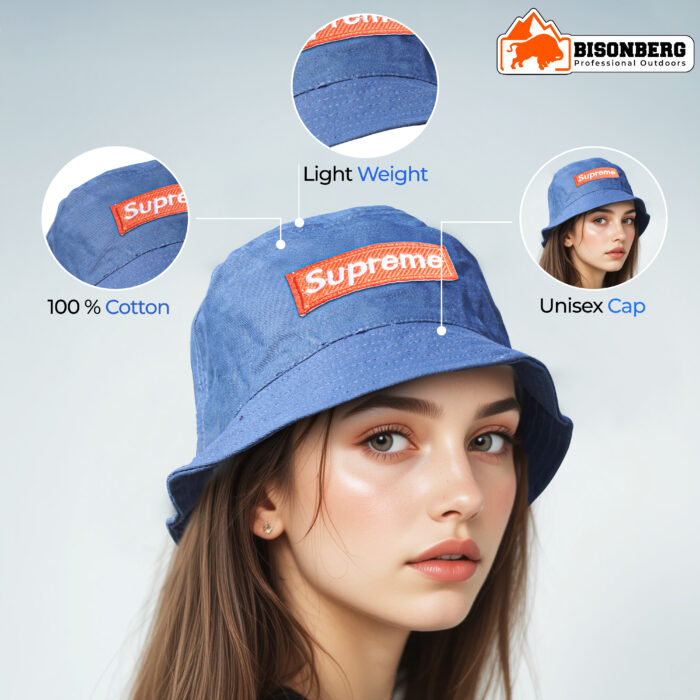 Bisonberg Supreme Blue Canvas Bucket Hat Bold Streetwear Vibes with Iconic Branding - Image 2