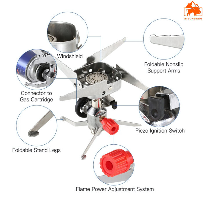 Bisonberg Portable Camping Gas Stove | Foldable Outdoor Mini Gas Burner with Adjustable Flame Control for Hiking, Backpacking, and Travel Cooking - Image 2