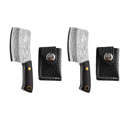 Miniature Chopper Knife with Leather Cover | Damascus Pattern Steel | Pocket-Sized Kitchen & Outdoor Utility Knife with Sheath