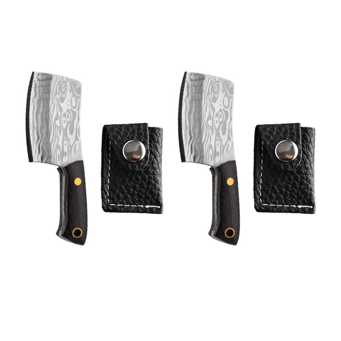Miniature Chopper Knife with Leather Cover | Damascus Pattern Steel | Pocket-Sized Kitchen & Outdoor Utility Knife with Sheath - Image 1