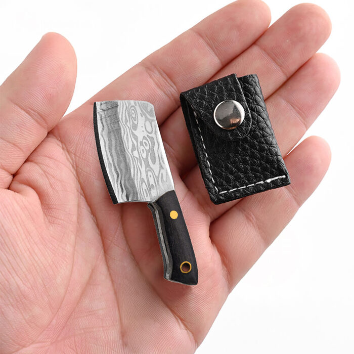 Miniature Chopper Knife with Leather Cover | Damascus Pattern Steel | Pocket-Sized Kitchen & Outdoor Utility Knife with Sheath - Image 2