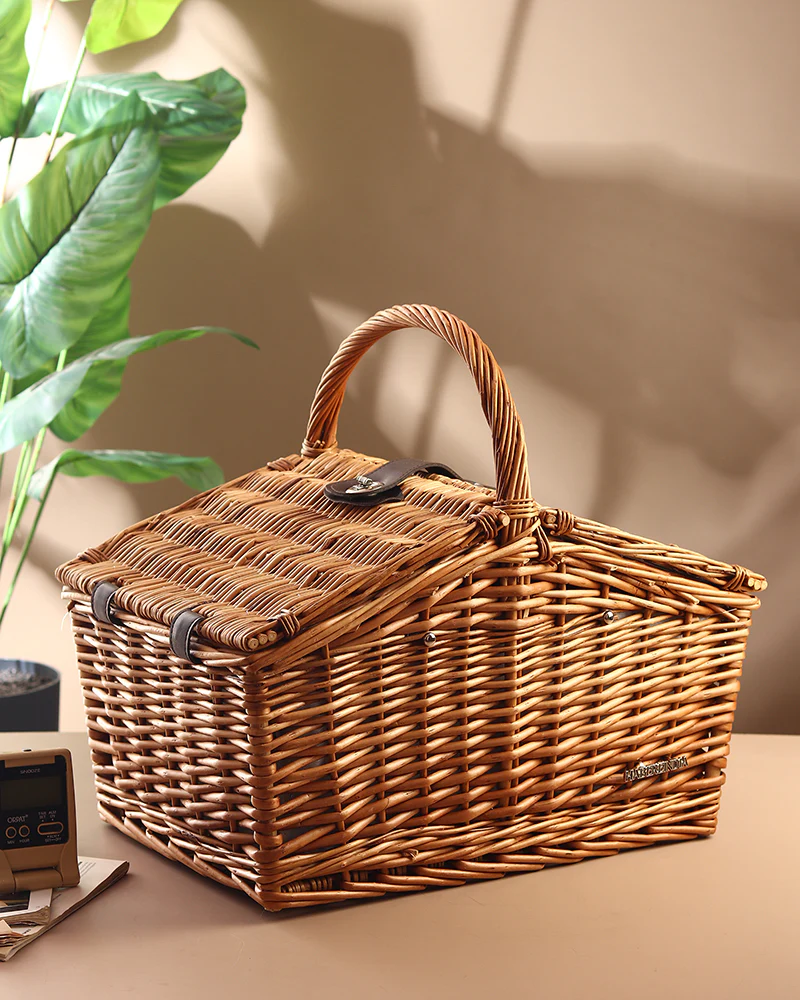 IMG_8515_3bed1c2f-c4f5-4b48-955c-fdbfbd363cd9 Handwoven Wicker Picnic Basket with Lid & Carry Handle | Rustic Storage & Outdoor Camping Basket - Image 1